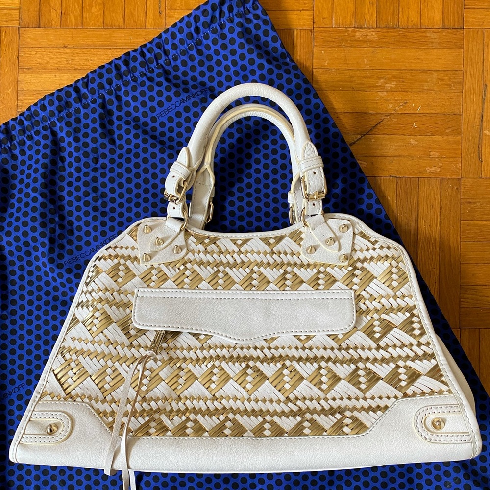 Rebecca Minkoff white leather woven gold studded